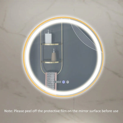 24" Round LED Bathroom Mirror, Anti-Fog, Time Temp Display, Gold Wall Mirrors at Gallery Canada