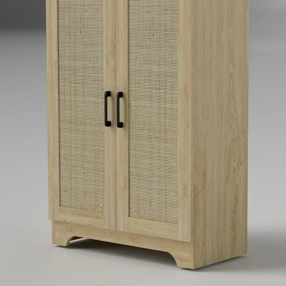 67" Tall Kitchen Pantry, Freestanding Cabinet, 4 Rattan Doors, Adjustable Shelves, Oak Storage Cabinets at Gallery Canada
