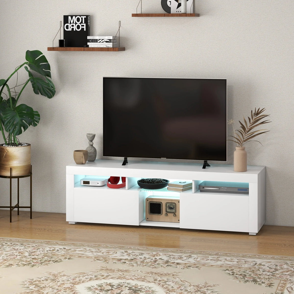 Support TV Moderne avec Rangement, Lumières LED, 55", Haute brillance, Blanc
