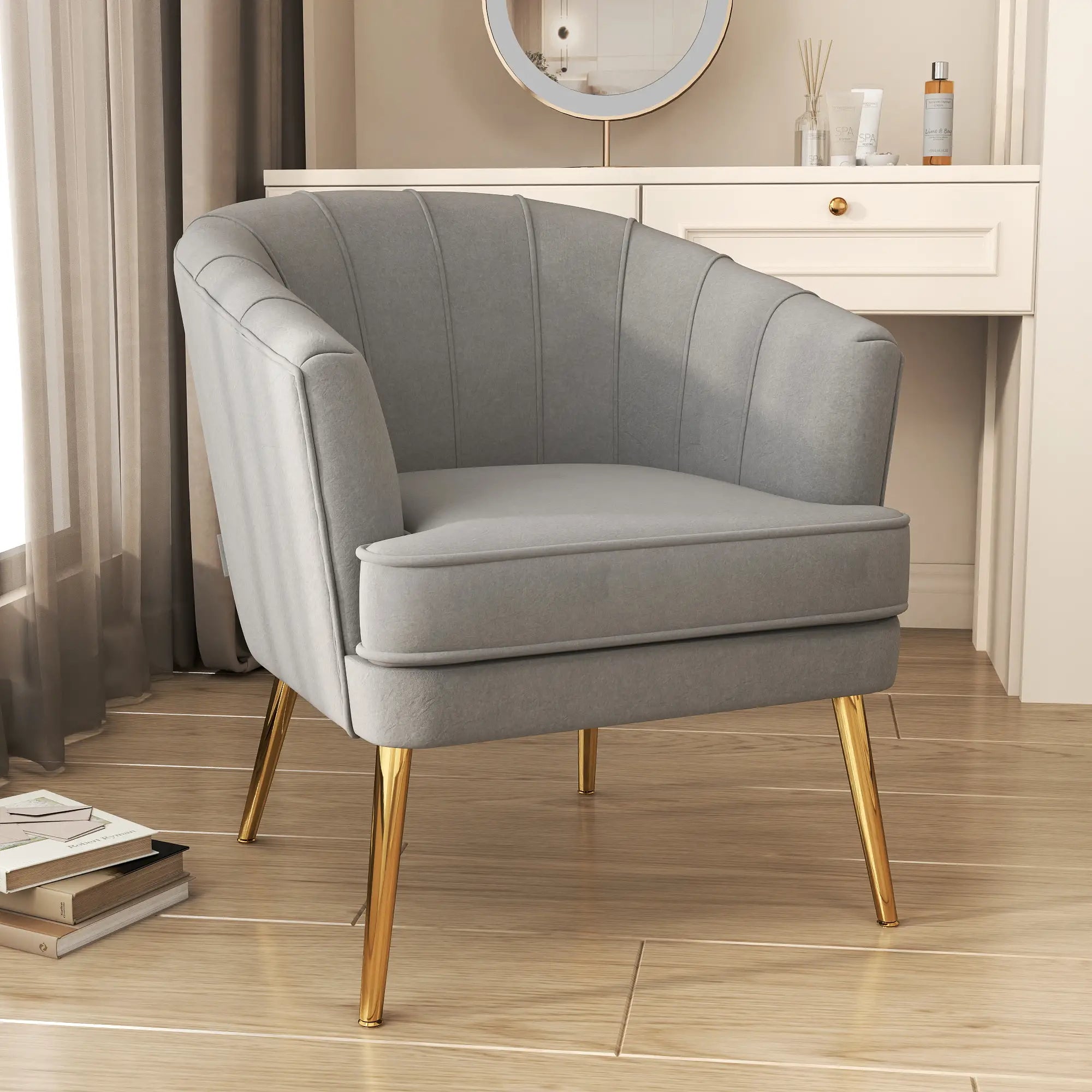 Modern Fabric Armchair, Gold Metal Legs, Living Room, Bedroom, Grey Accent Chairs at Gallery Canada