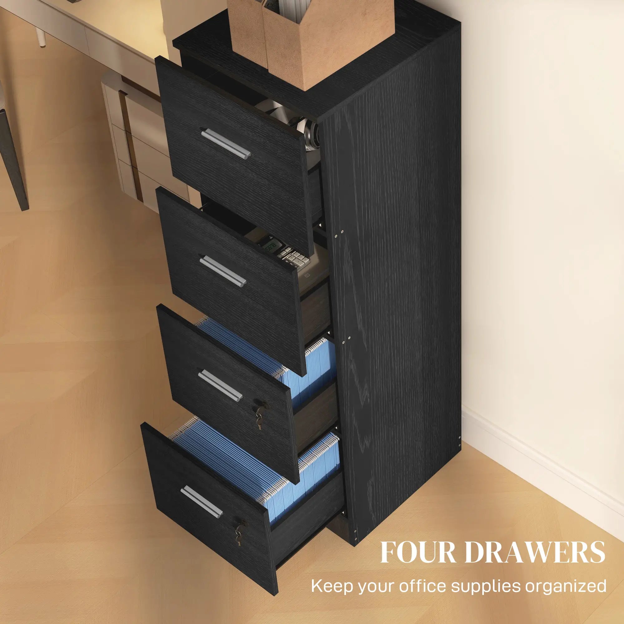 4 Drawer Vertical Filing Cabinet with Lock, Adjustable Hanging Bar, Black Office Cabinets & Cupboards at Gallery Canada