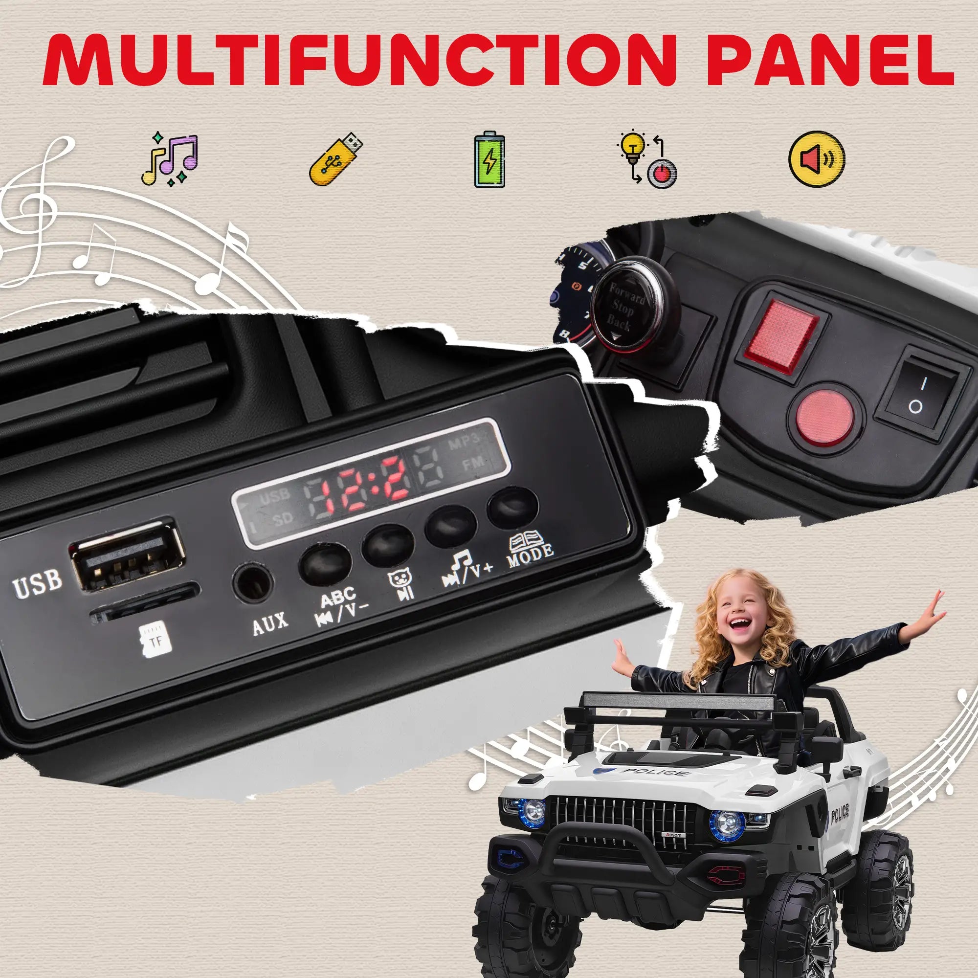 Kids Ride On Car 12V RC 2 Seater Police Truck, White Electric Toy Cars at Gallery Canada