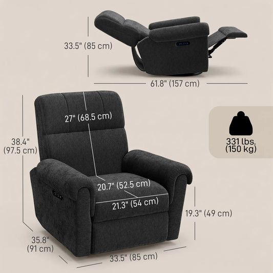 Power Recliner Chair, Fabric Upholstered, USB Ports, Swivel Rocking, Footrest, Black Single Sofas Black at Gallery Canada
