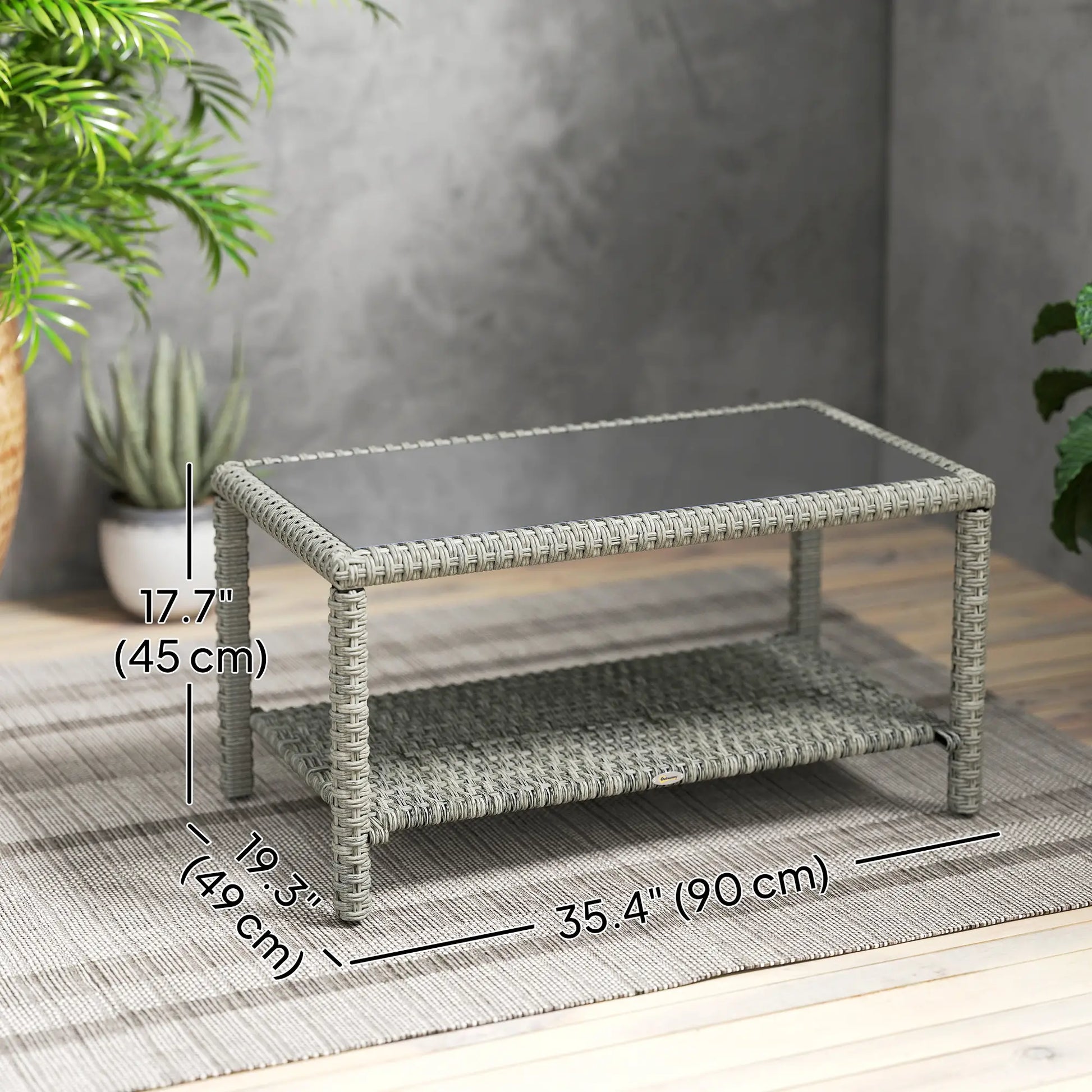 35" Outdoor Wicker Coffee Table, Glass Top, Storage Shelf, Dark Grey Coffee Tables at Gallery Canada