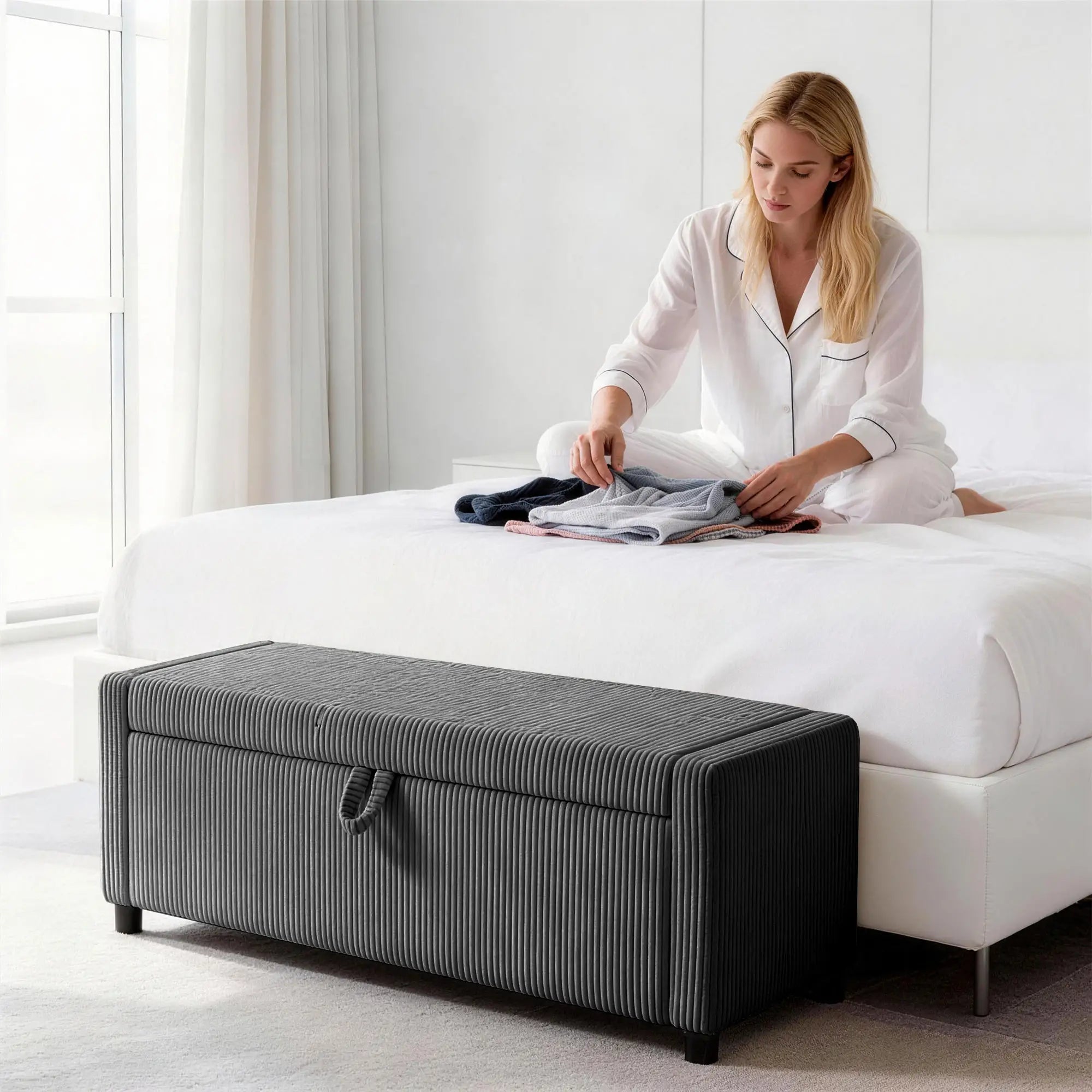 Upholstered Corduroy Storage Ottoman, Dark Grey Storage Ottomans & Benches at Gallery Canada