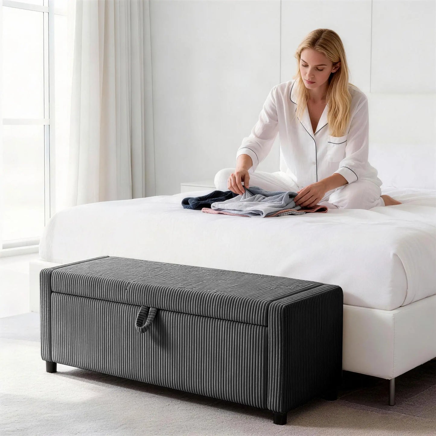 Upholstered Corduroy Storage Ottoman, Dark Grey Storage Ottomans & Benches at Gallery Canada