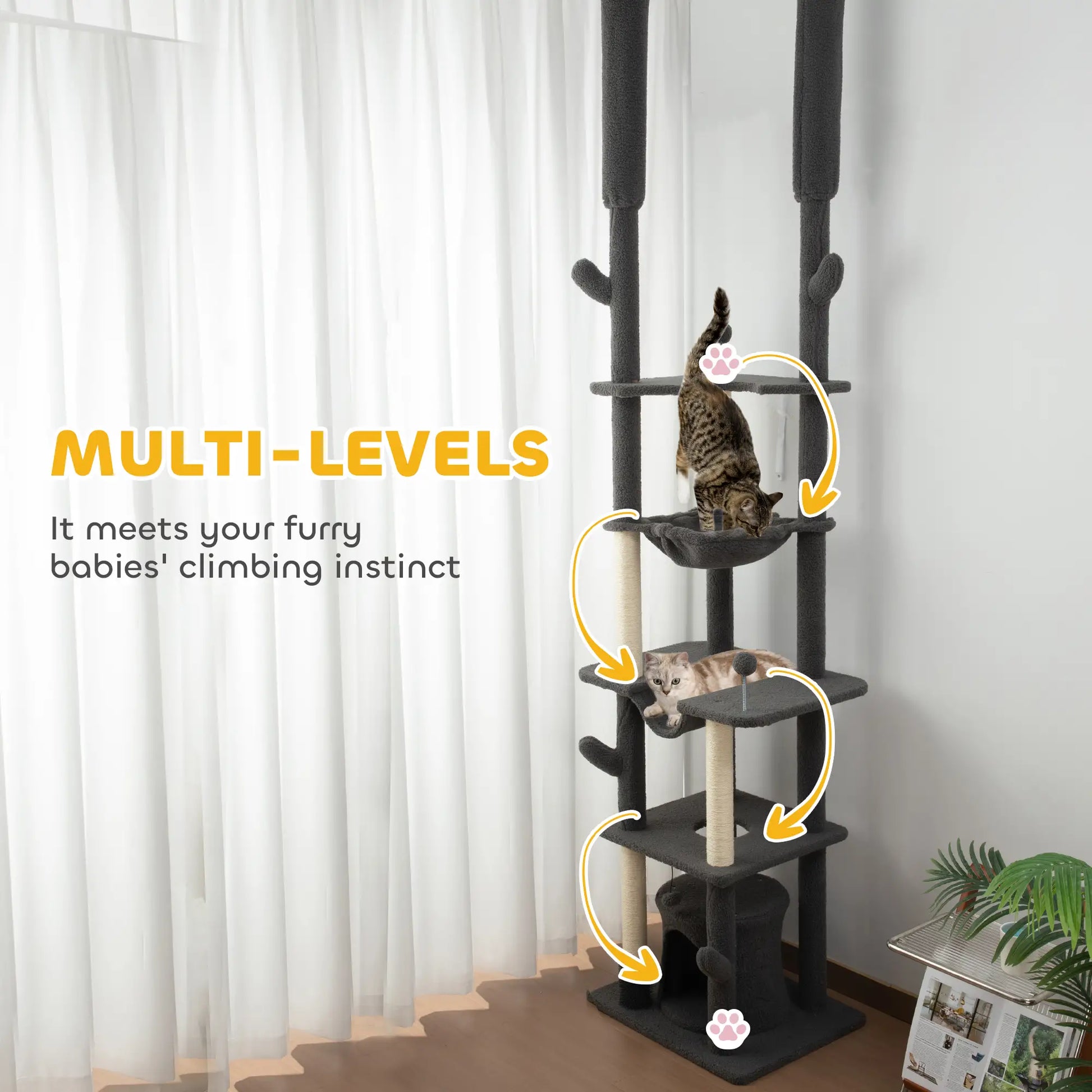 89"-100" Cat Tree Tower for Large Cats, Scratching Posts, Grooming Brush, Grey Floor to Ceiling Cat Trees at Gallery Canada