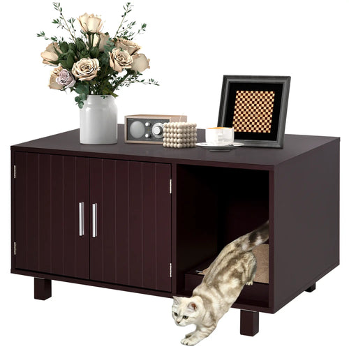 Cat Litter Box Enclosure, Hidden Furniture, End Table with Scratching Pad, Brown