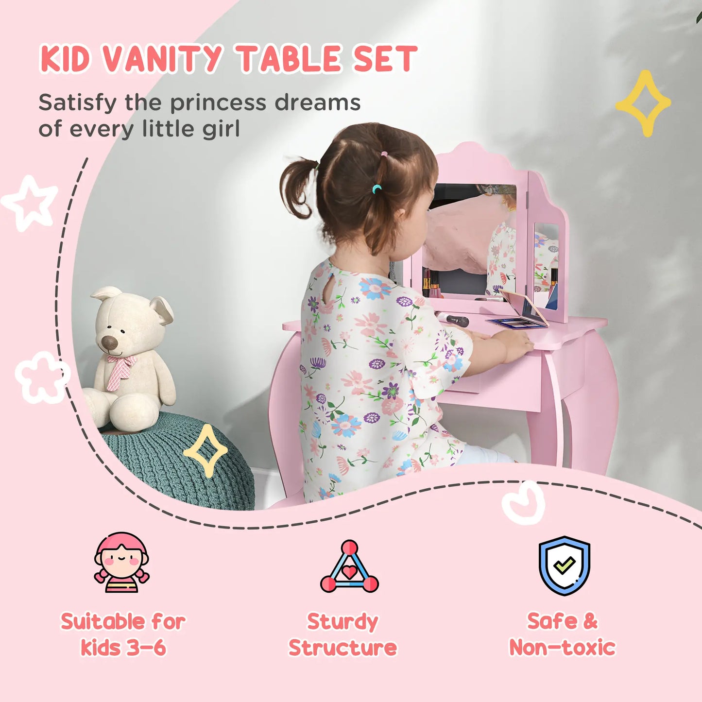 Kids Vanity Table and Stool, Makeup Set with Tri-Folding Mirrors, Pink Kids Bedroom Furniture at Gallery Canada