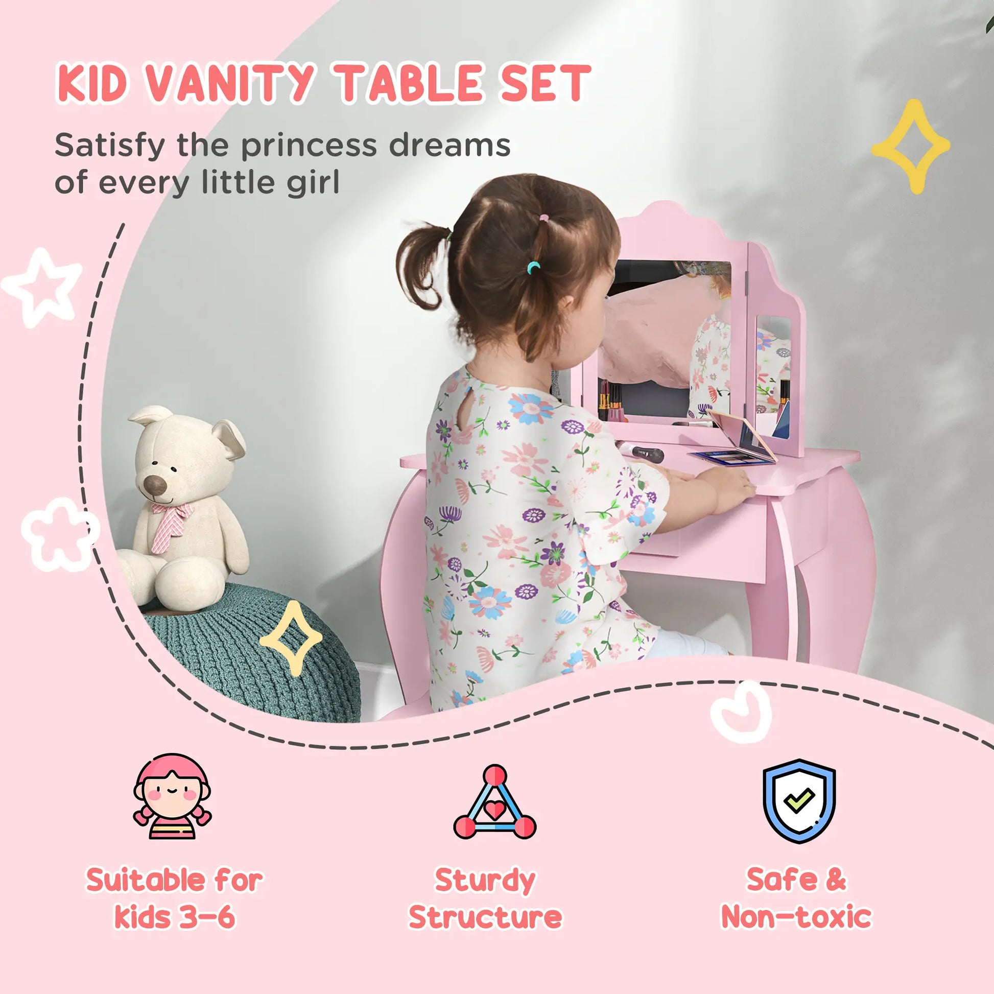 Kids Vanity Table and Stool, Makeup Set with Tri-Folding Mirrors, Pink Kids Bedroom Furniture at Gallery Canada