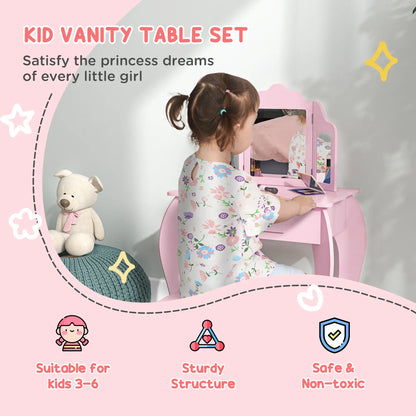 Kids Vanity Table and Stool, Makeup Set with Tri-Folding Mirrors, Pink Kids Bedroom Furniture at Gallery Canada