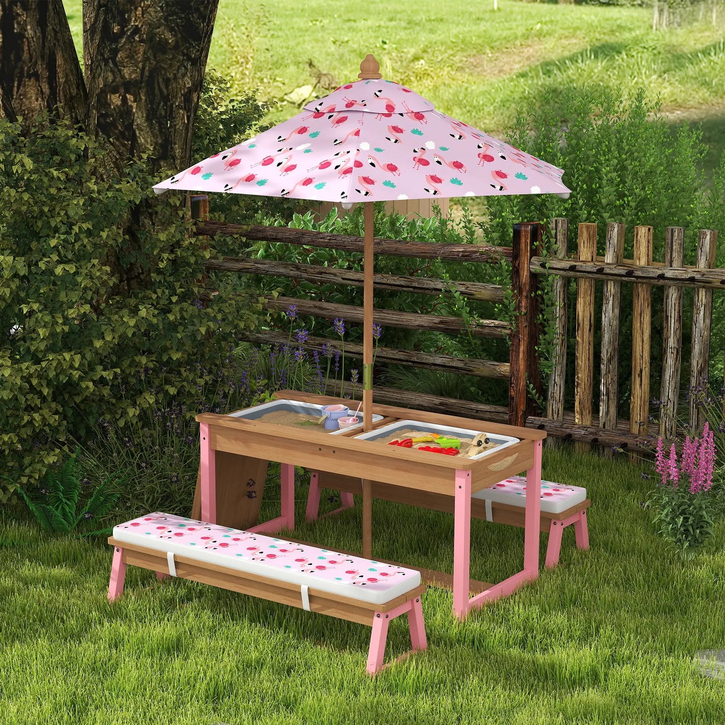 Kids Picnic Table With Bench, Removable Umbrella, Flamingo Theme, Pink Kids Outdoor Furniture at Gallery Canada