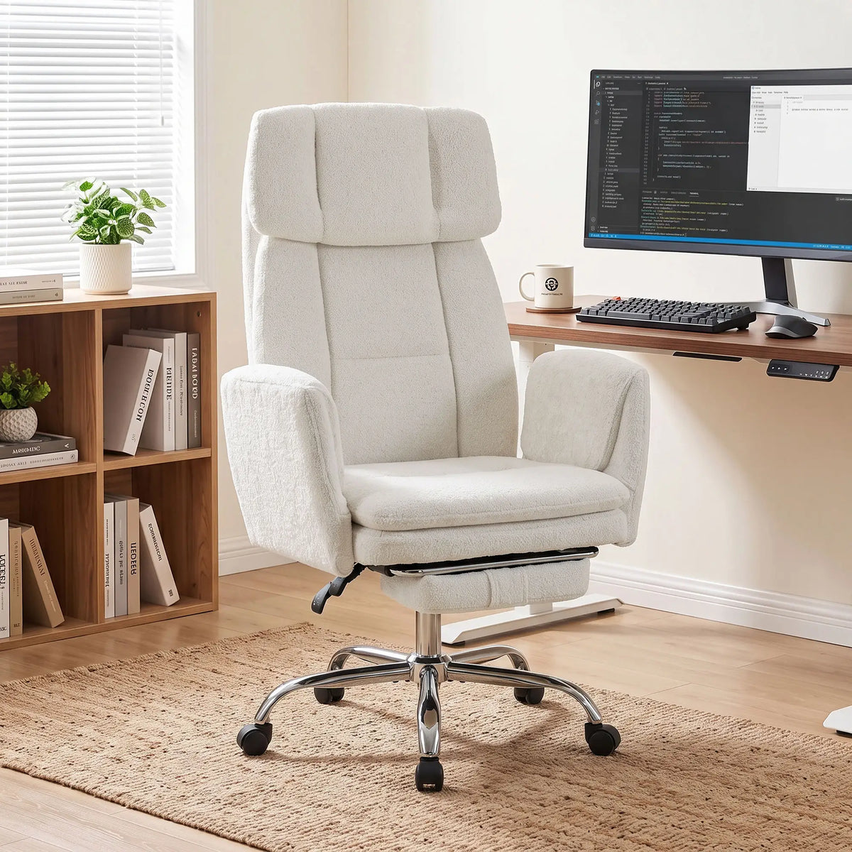 Big Tall Office Chair Flip Armrests Cross Legged 400 lbs, Cream