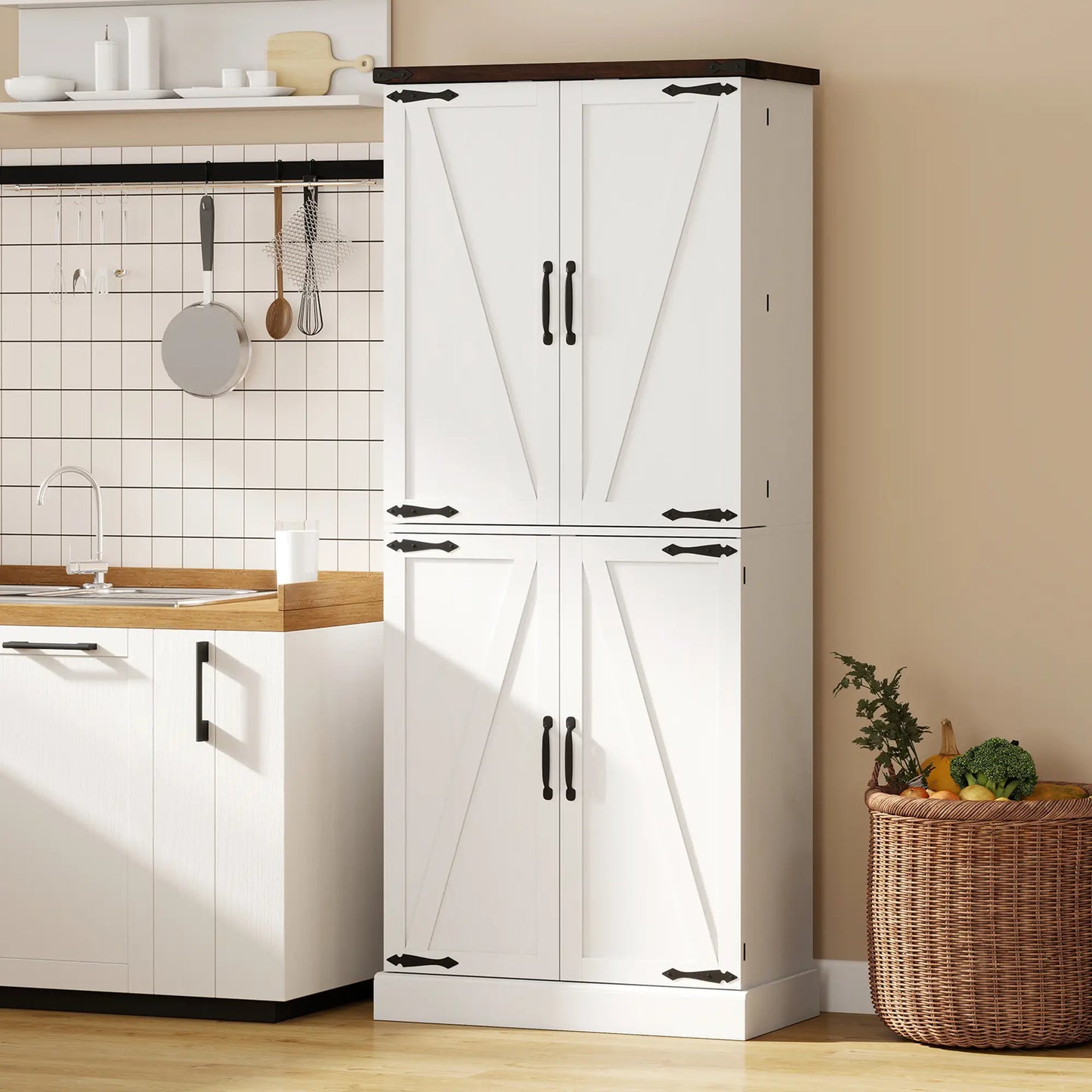 72" Tall Kitchen Pantry Cabinet, Farmhouse Storage Cabinet with 8 Door Racks and Adjustable Shelves, White