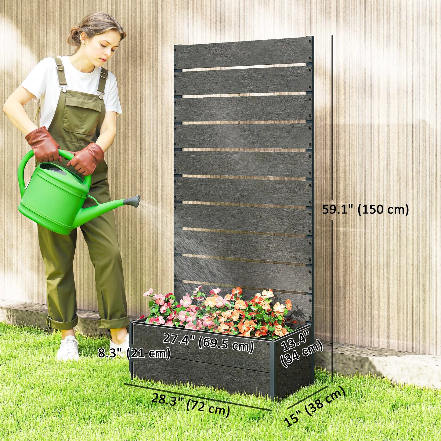 Raised Garden Bed With Trellis, Elevated Planter Box, 28" x 15" x 59", Dark Grey