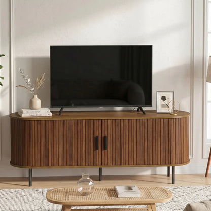 TV Stand for TVs up to 60", Modern Entertainment Center with Curved Sliding Doors, Walnut Brown