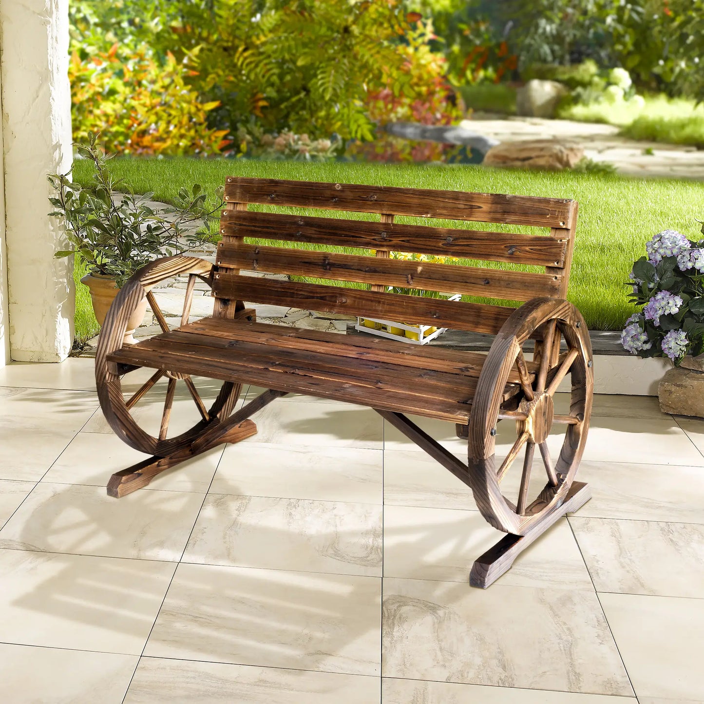 42" Wood Wagon Wheel Bench, Rustic Garden Loveseat, Brown Outdoor Benches at Gallery Canada