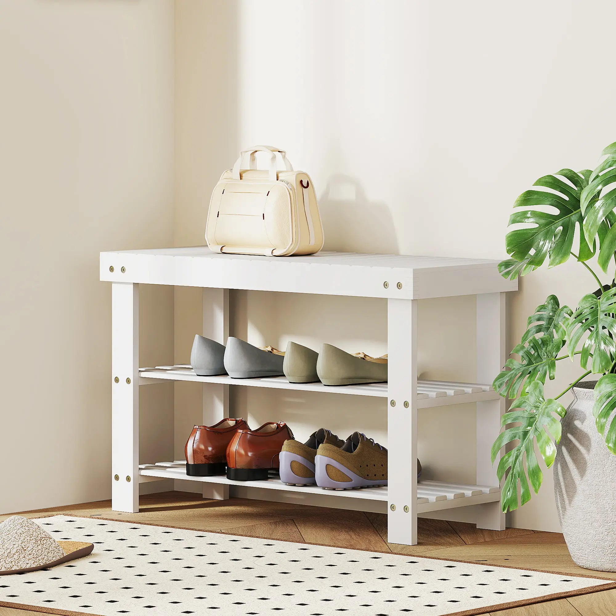 Bamboo Shoe Storage Bench, 3-Tier, 2 Shelves, Holds 6 Pairs, White Shoe Storage Cabinets & Racks at Gallery Canada
