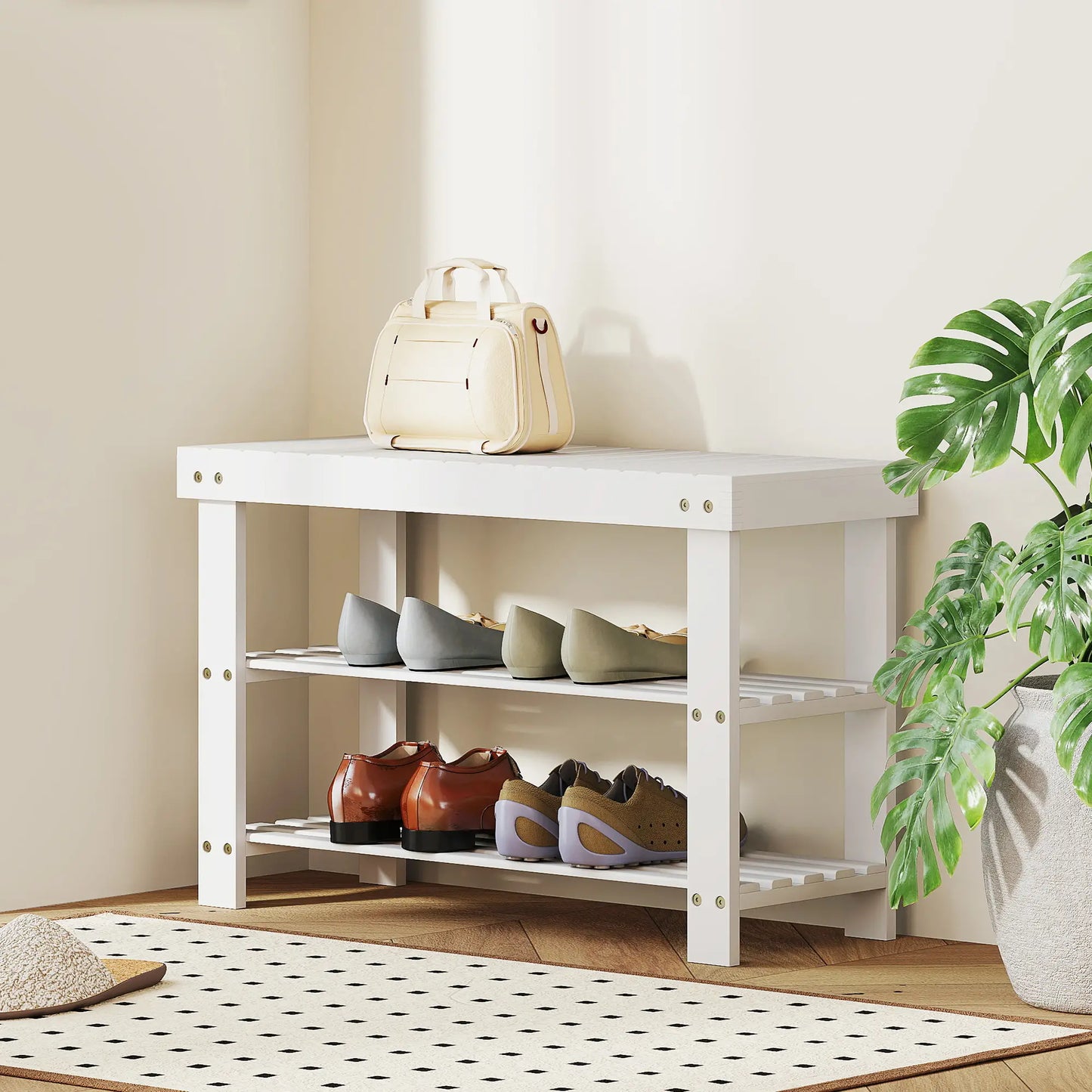 Bamboo Shoe Storage Bench, 3-Tier, 2 Shelves, Holds 6 Pairs, White Shoe Storage Cabinets & Racks at Gallery Canada