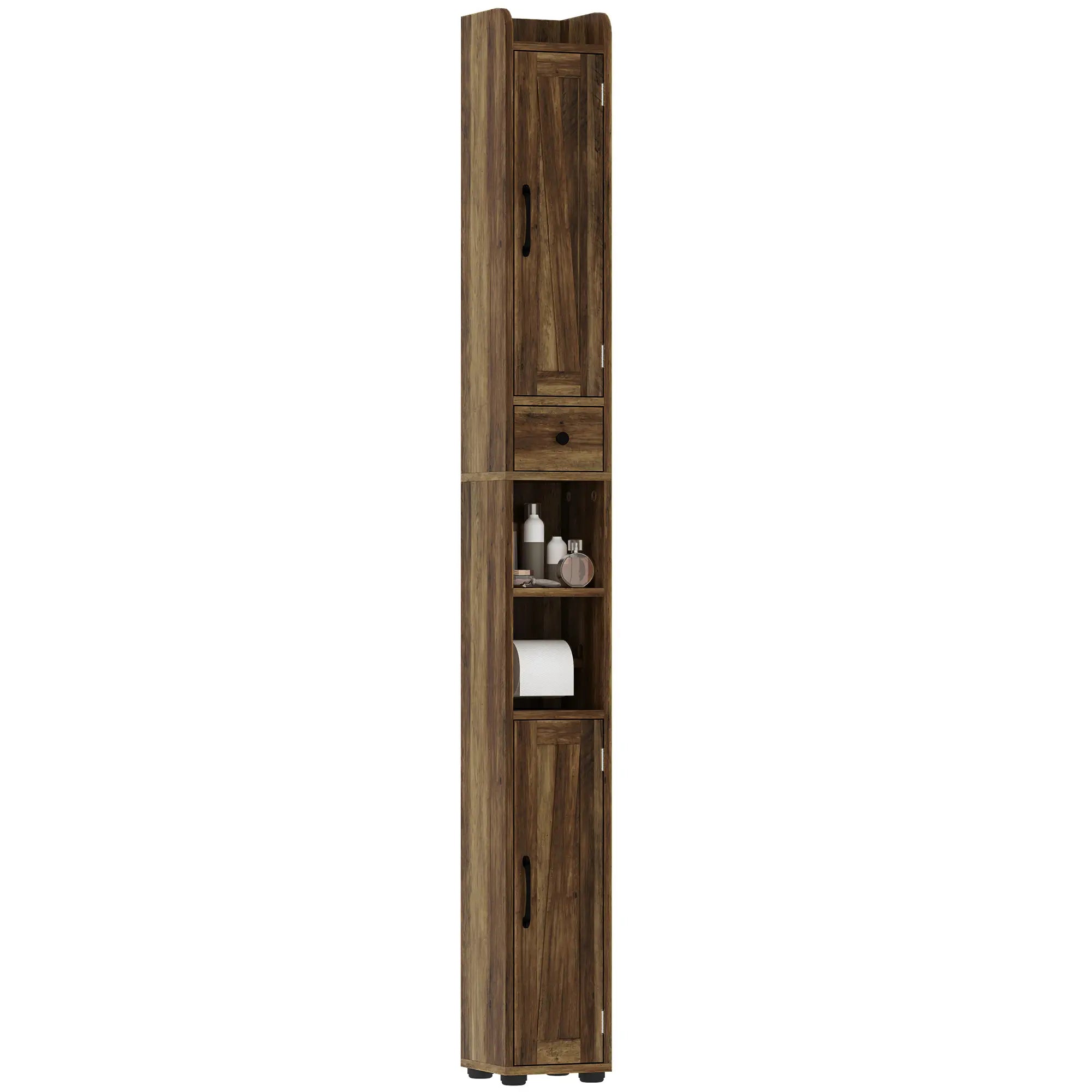 Narrow Bathroom Cabinet, Tall Storage with Barn Doors, Drawer, Adjustable Shelves, Wood Grain, Brown Bathroom Cabinets at Gallery Canada