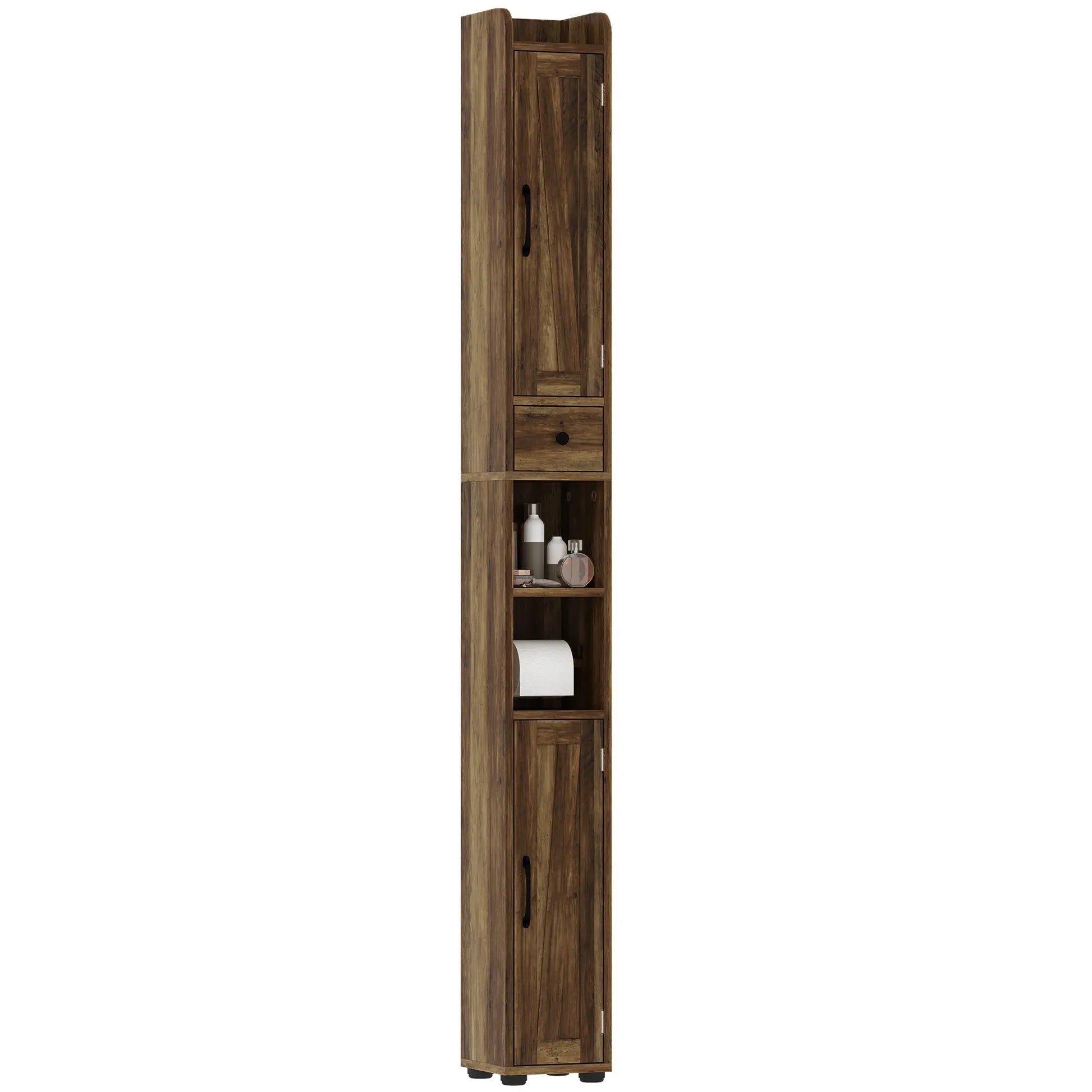 Narrow Bathroom Cabinet, Tall Storage with Barn Doors, Drawer, Adjustable Shelves, Wood Grain, Brown Bathroom Cabinets at Gallery Canada