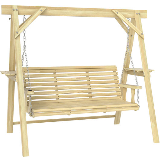 3 Seat Wooden Porch Swing With Stand, Natural Wood Patio Swings with Stand Natural at Gallery Canada