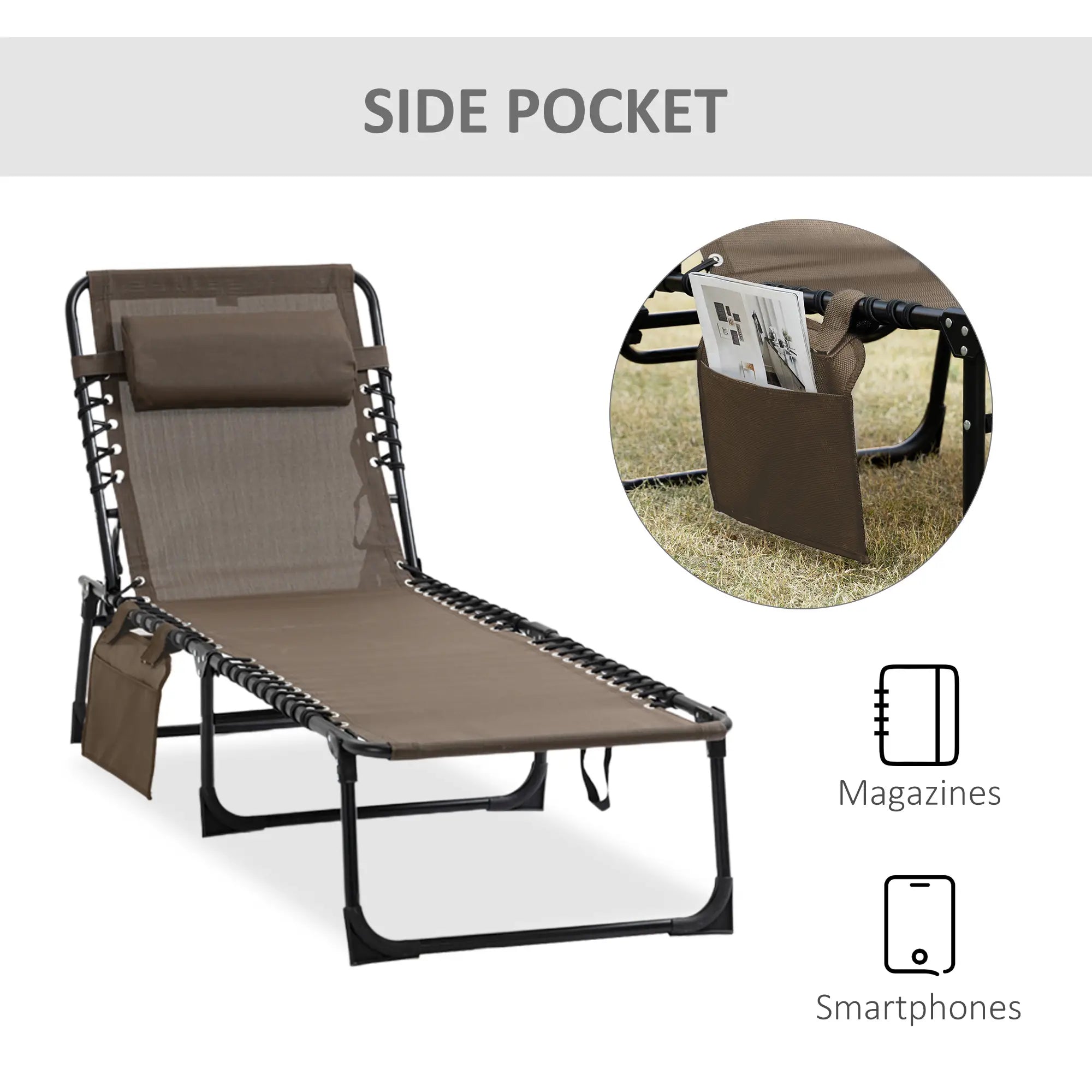 Outdoor Folding Chaise Lounge, Adjustable Backrest, Removable Pillow, Brown Lounger Chairs at Gallery Canada