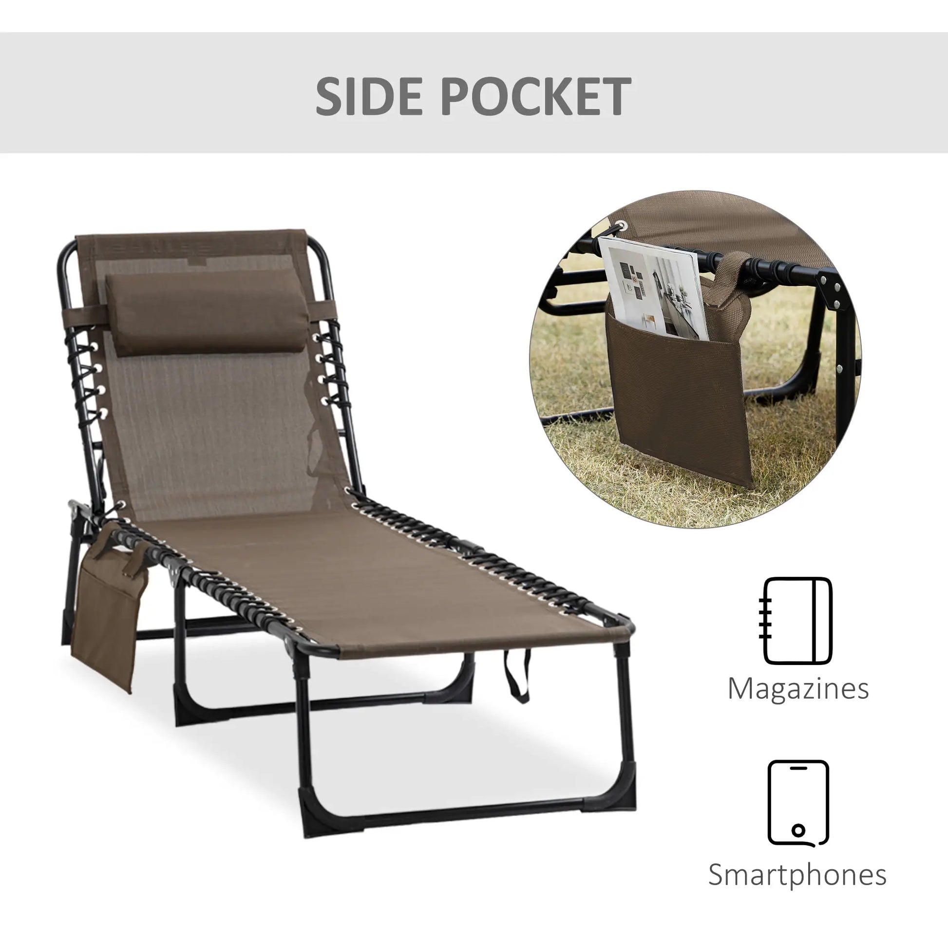 Outdoor Folding Chaise Lounge, Adjustable Backrest, Removable Pillow, Brown Lounger Chairs at Gallery Canada