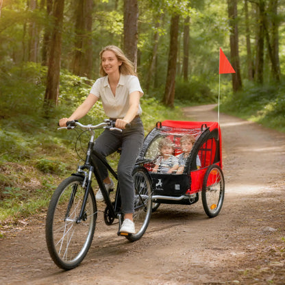 2-Seat Child Bike Trailer, Steel Frame, 5-Point Harness, Red