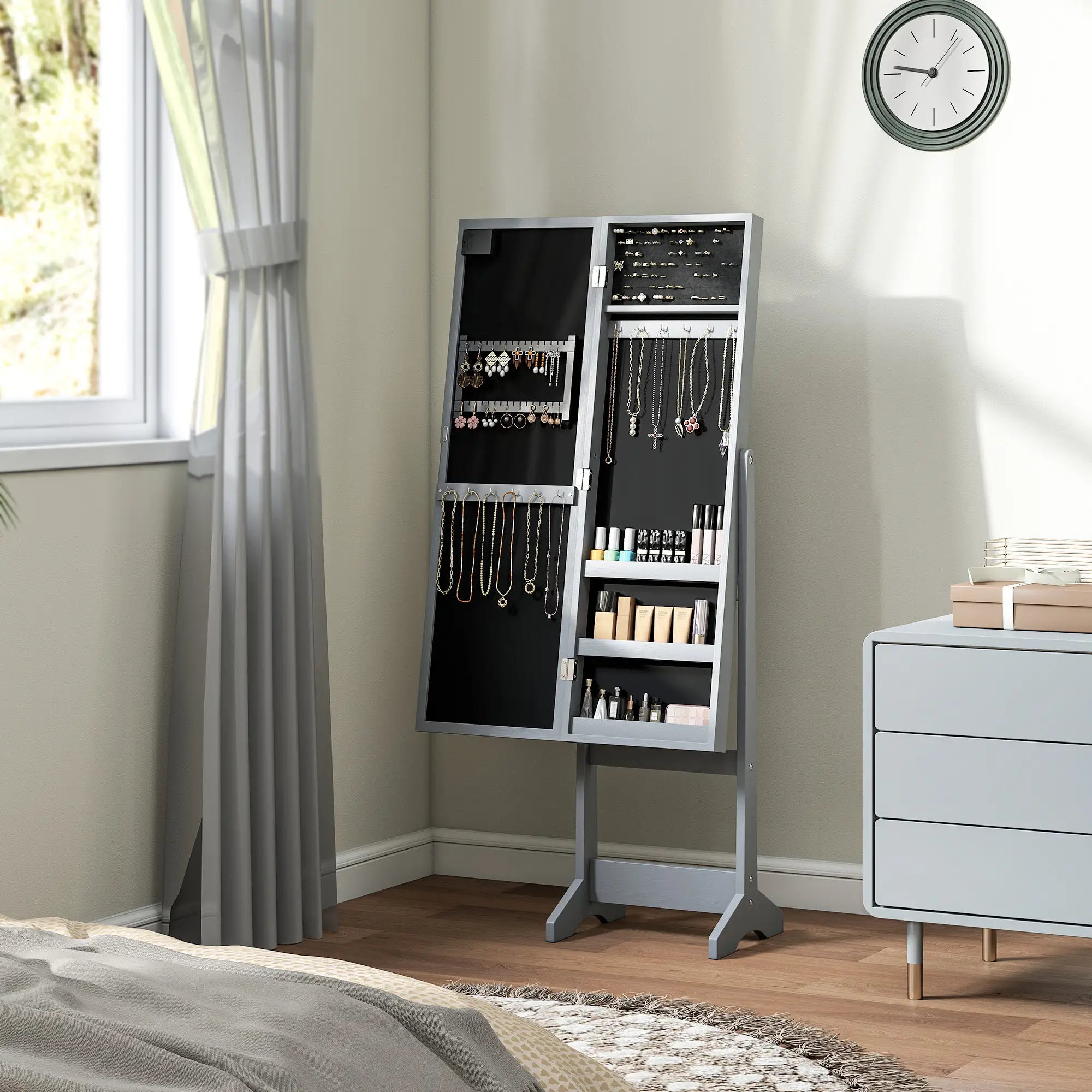 Free Standing Armoire Organizer, Lighted Mirrored Jewelry Cabinet, Grey Jewellery Armoire & Jewellery Mirror Cabinets at Gallery Canada