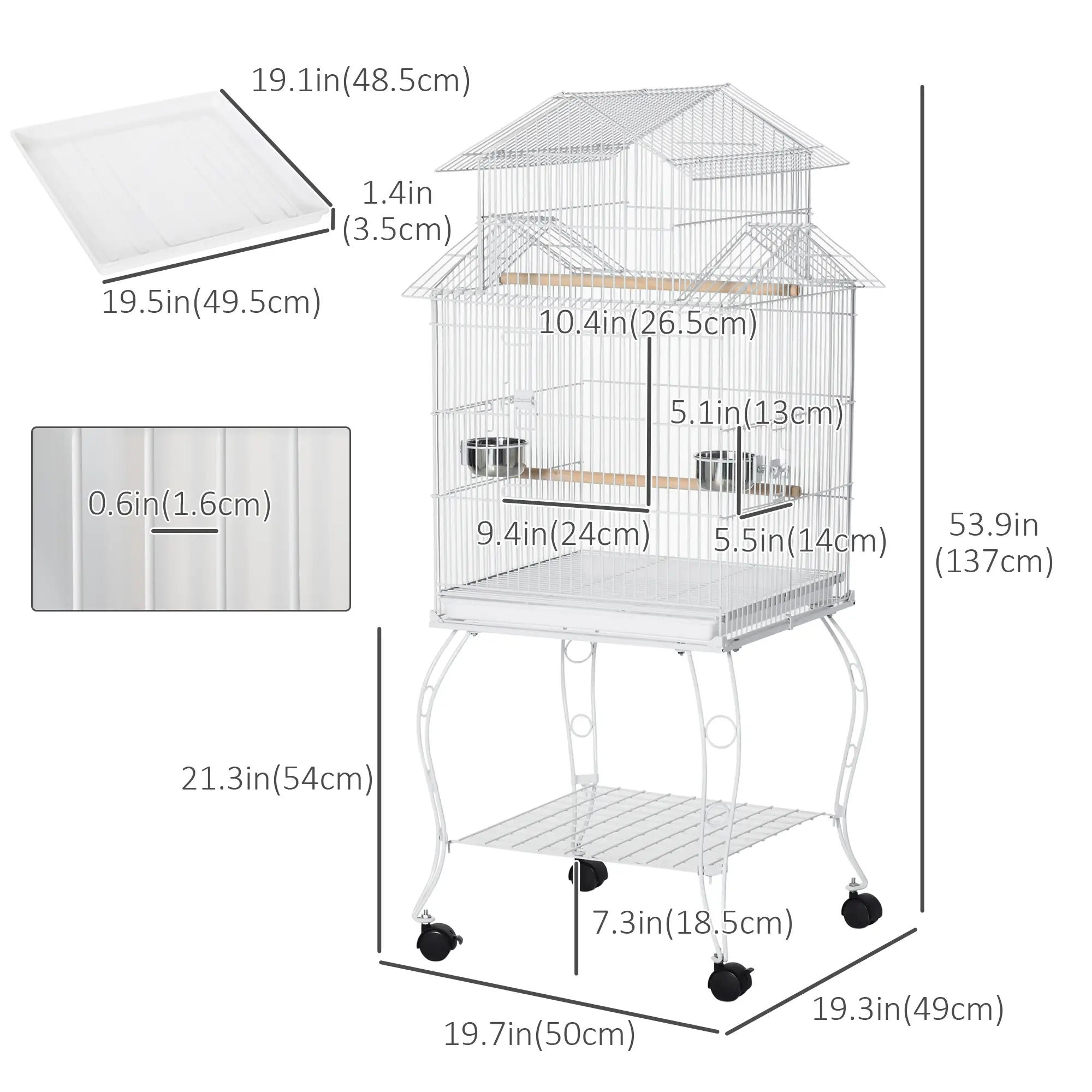 53.9'' Large Rolling Bird Cage with Stand, Shelf, Perch, White Bird Cages at Gallery Canada