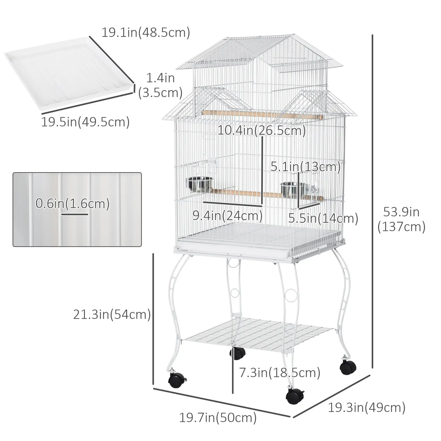 53.9'' Large Rolling Bird Cage with Stand, Shelf, Perch, White Bird Cages at Gallery Canada