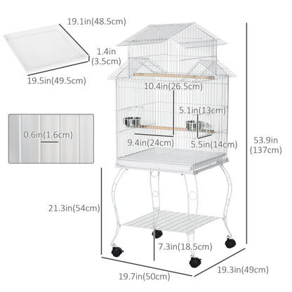 53.9'' Large Rolling Bird Cage with Stand, Shelf, Perch, White Bird Cages at Gallery Canada