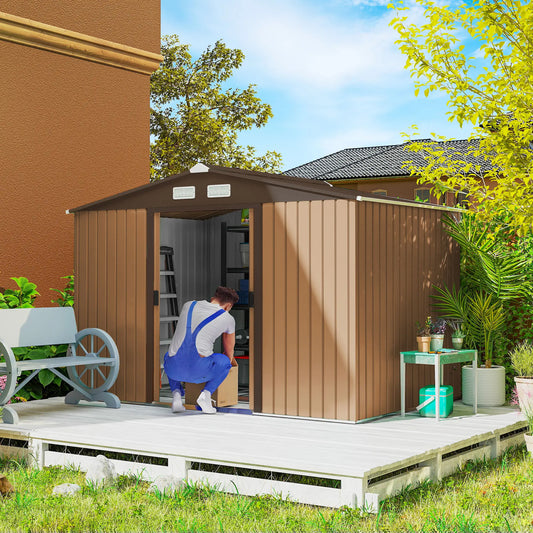 9.1'x6.4'x6.3' Garden Storage Shed, Metal Tool House, Double Doors, Dark Grey Yellow Sheds Brown at Gallery Canada