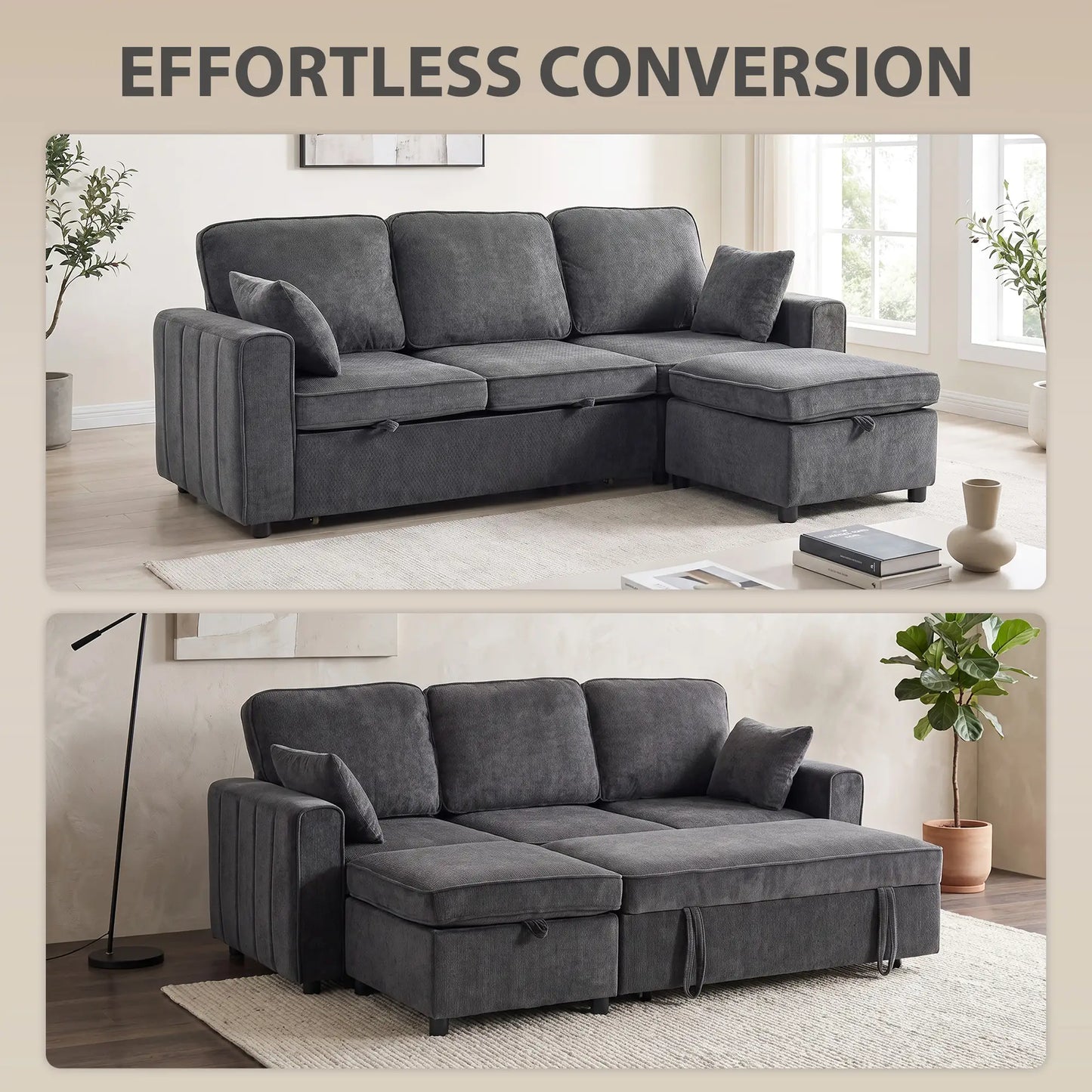Modular Sectional Sofa Bed With Reversible Ottoman, Dark Grey