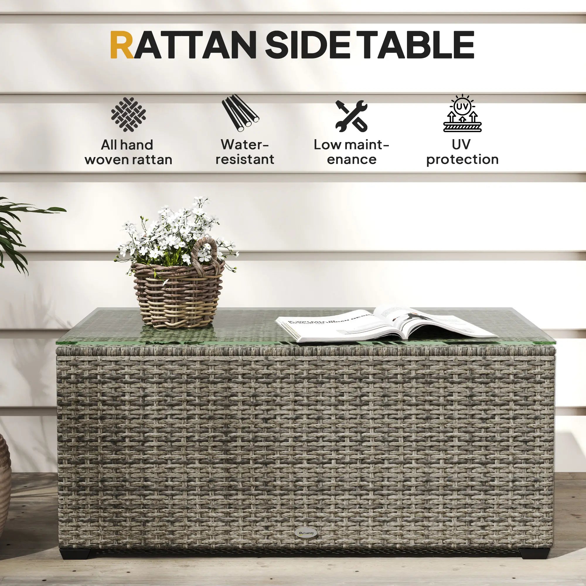 PE Wicker Outdoor Coffee Table, Rectangular Patio Table With Tempered Glass Top, Dark Grey Patio Side Tables at Gallery Canada