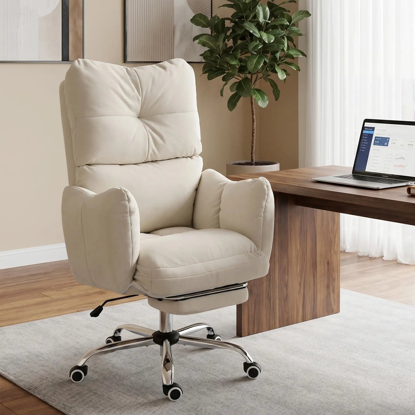 Chaise de bureau inclinable ergonomique avec repose-pieds, crème