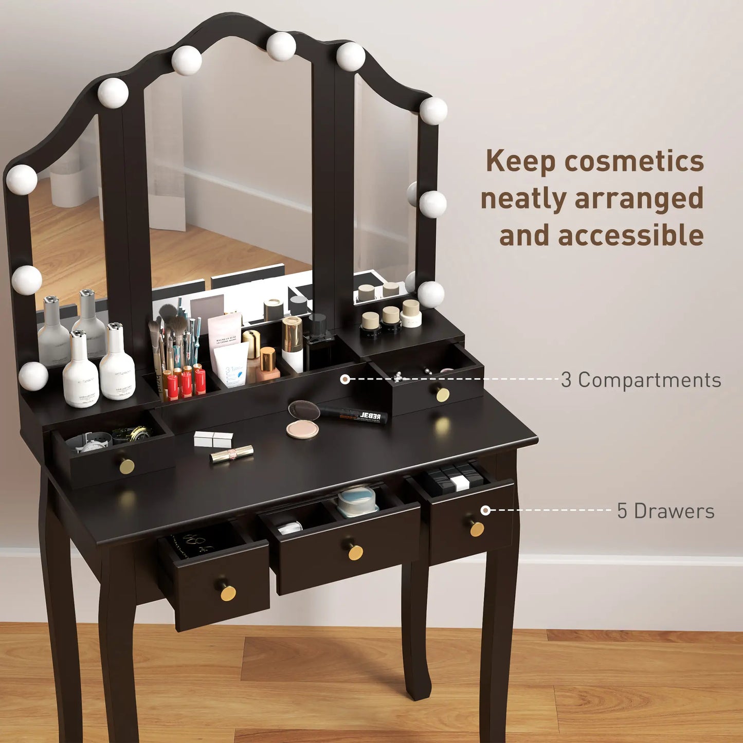 Makeup Vanity Desk with Mirror, Stool, 10 LED Lights, Black Dressing & Vanity Tables at Gallery Canada