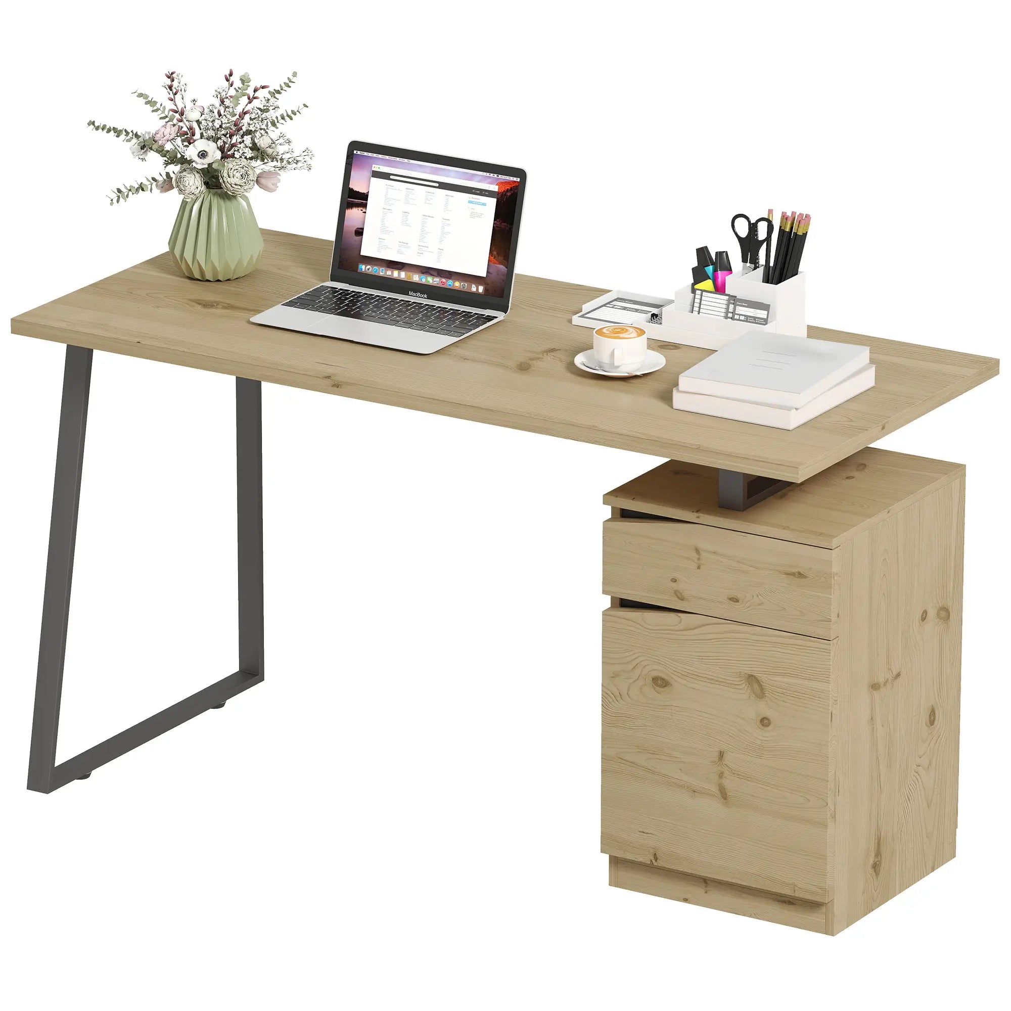 53 Inch Computer Desk, Writing Table with Cabinet, Drawer, Adjustable Shelf Office Desks & Work Stations Natural Wood, Black at Gallery Canada