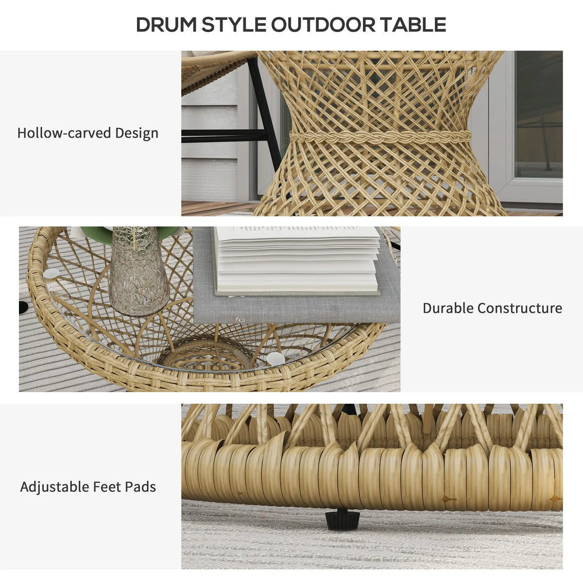 Wicker Outdoor Coffee Table, 18" Round Drum Style, Light Brown Patio Side Tables at Gallery Canada