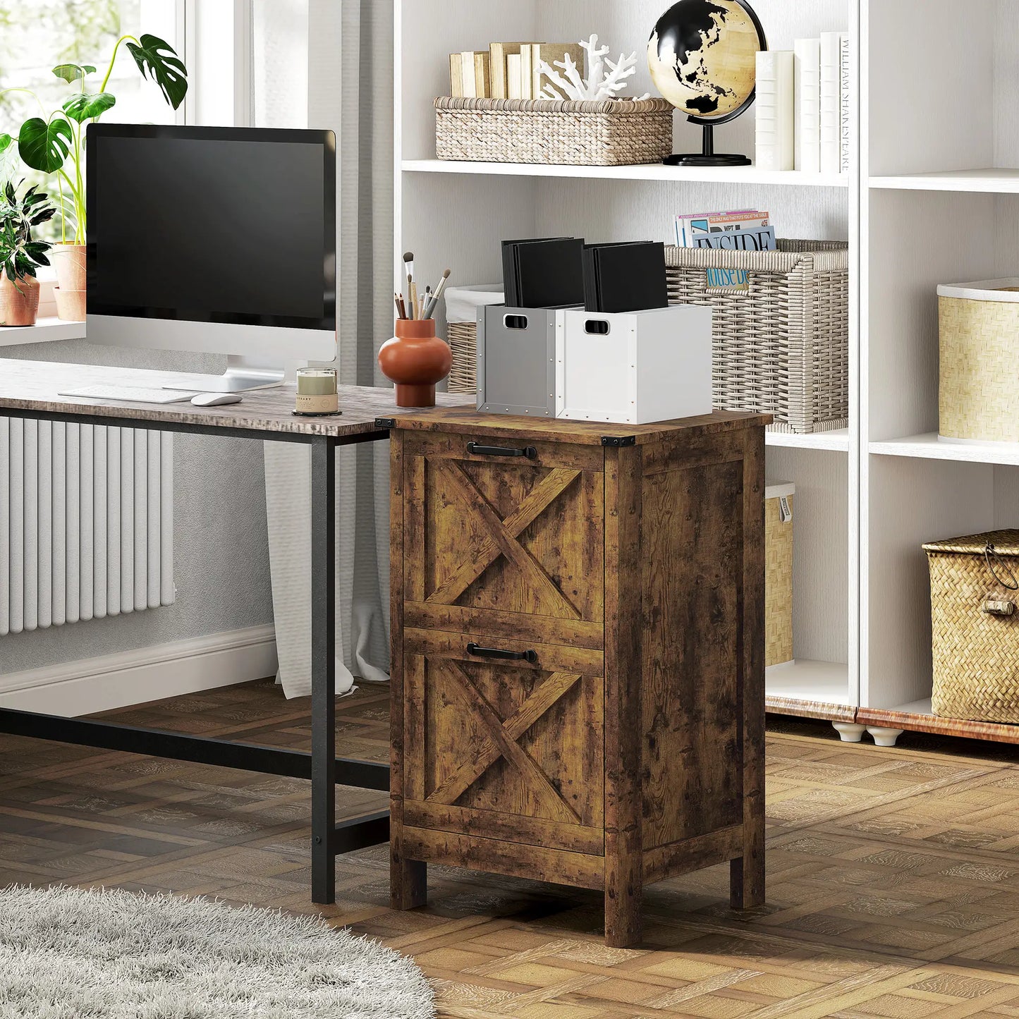 Vertical 2-Drawer Filing Cabinet, A4 Letter Size, Rustic Brown Office Cabinets & Cupboards at Gallery Canada