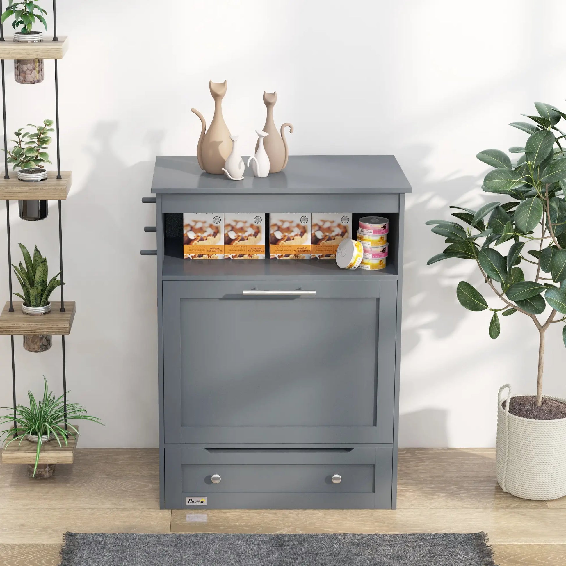 Pet Feeder Storage Cabinet, Dog Food Container with Bowls, Grey Dog Bowls at Gallery Canada