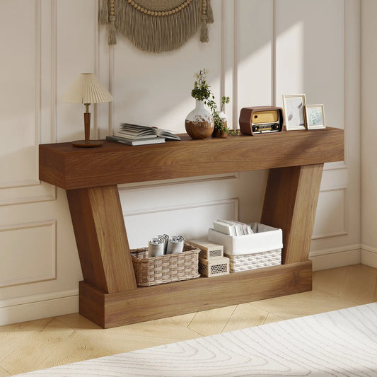 63 Inch Vintage Console Table, Open Shelf, Dark Brown