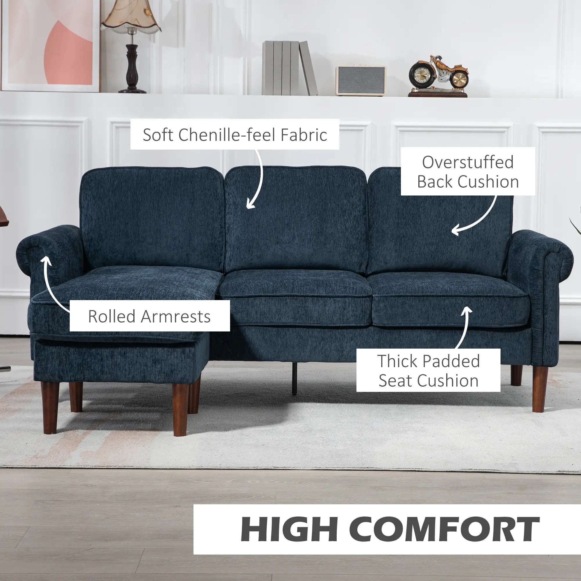 L Shape Sofa, Modern Sectional Couch, Changeable Chaise, Wooden Legs, Dark Blue 3-Seater Sofas at Gallery Canada