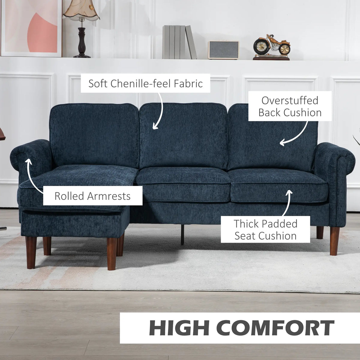L Shape Sofa, Modern Sectional Couch, Changeable Chaise, Wooden Legs, Dark Blue 3-Seater Sofas at Gallery Canada