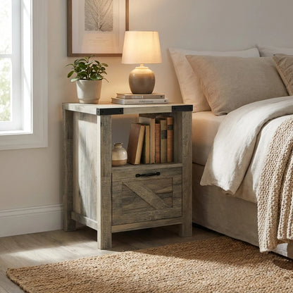 Farmhouse Side Table with Storage, Drawer, Open Shelf, Grey Side Tables at Gallery Canada