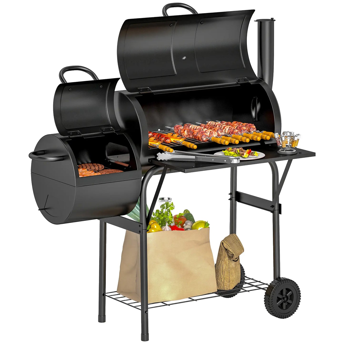 Portable Charcoal BBQ Grill With Offset Smoker, 2 Shelves, Thermometer, Wheels, Black Charcoal BBQ Grils at Gallery Canada