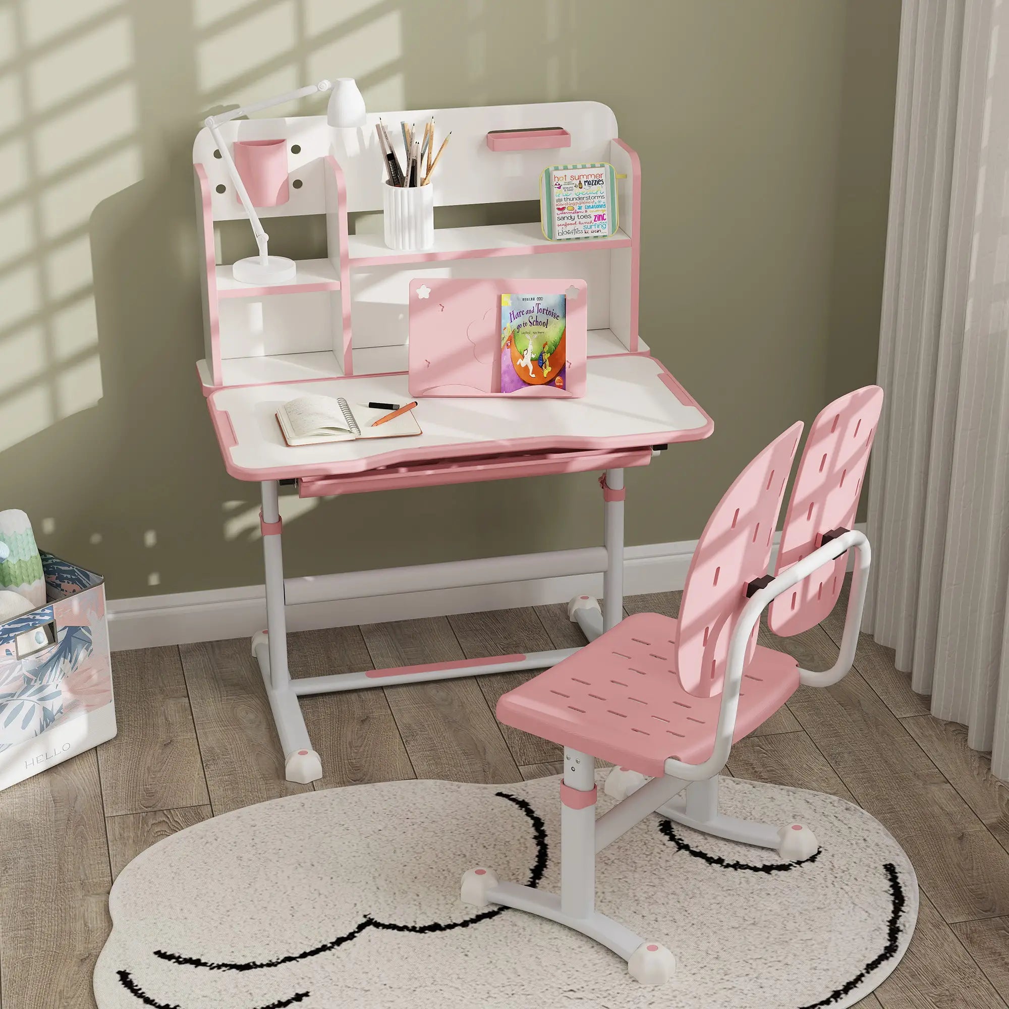 Adjustable Kids Desk and Chair Set, Study Table with Drawer, Pink Kids Desk Sets at Gallery Canada