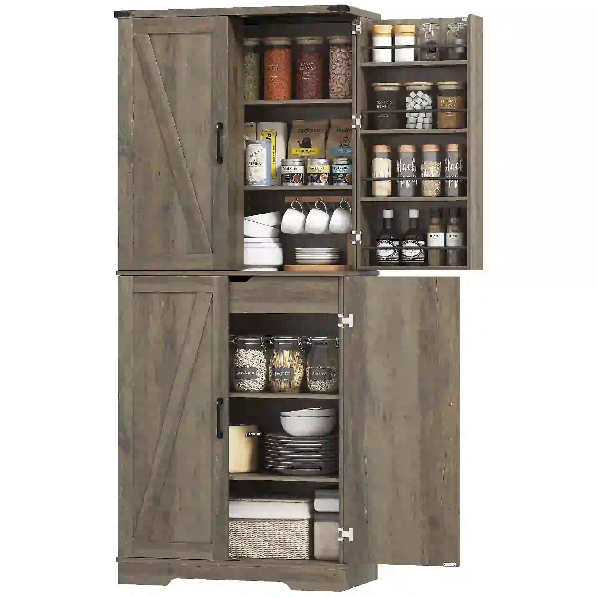 72 Inch Kitchen Pantry Cabinet, Farmhouse Storage with 4 Doors, Drawer, Grey Kitchen Pantry Cabinets Light Ivory Grey at Gallery Canada
