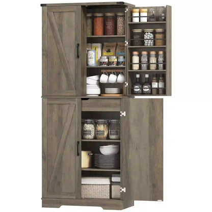 72 Inch Kitchen Pantry Cabinet, Farmhouse Storage with 4 Doors, Drawer, Grey Kitchen Pantry Cabinets Light Ivory Grey at Gallery Canada